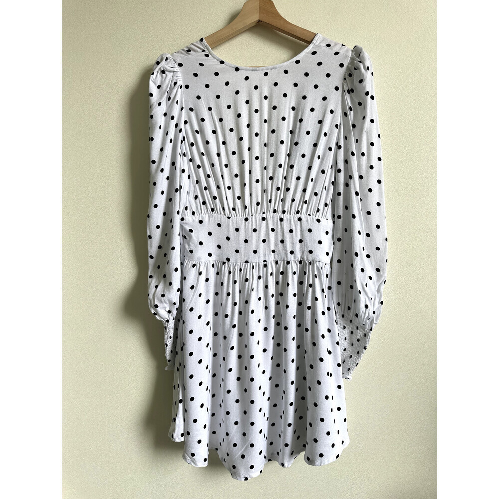 AFRM Long Sleeve Cutout Smocked Mini Dress White/Black Polka Dot Print Size XS